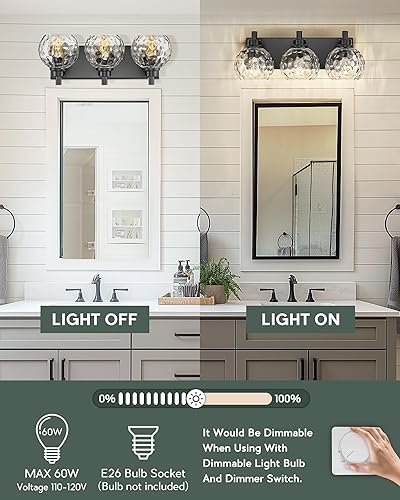 Miniatura 131 de VL195-GD-3 - Lámpara de tocador de baño de 3 luces de oro cepillado, apliques de pared modernos con pantalla de globo de vidrio transparente, luces