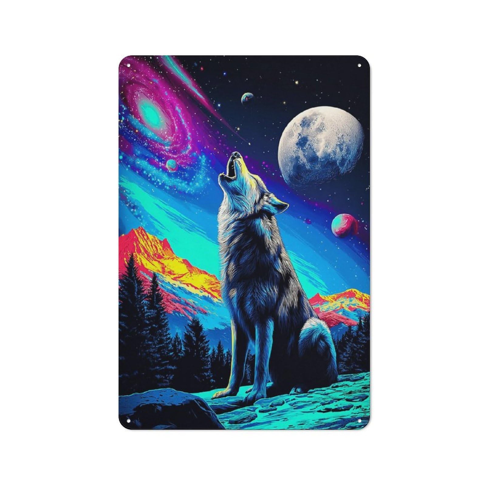 Junmoney Cosmic Wolf Howling At The Moon Classic Metal Plaque 30X20cm Featuring Bistro Wall Plaque For Kitchen, Cafe, Pantry Or Dining Room