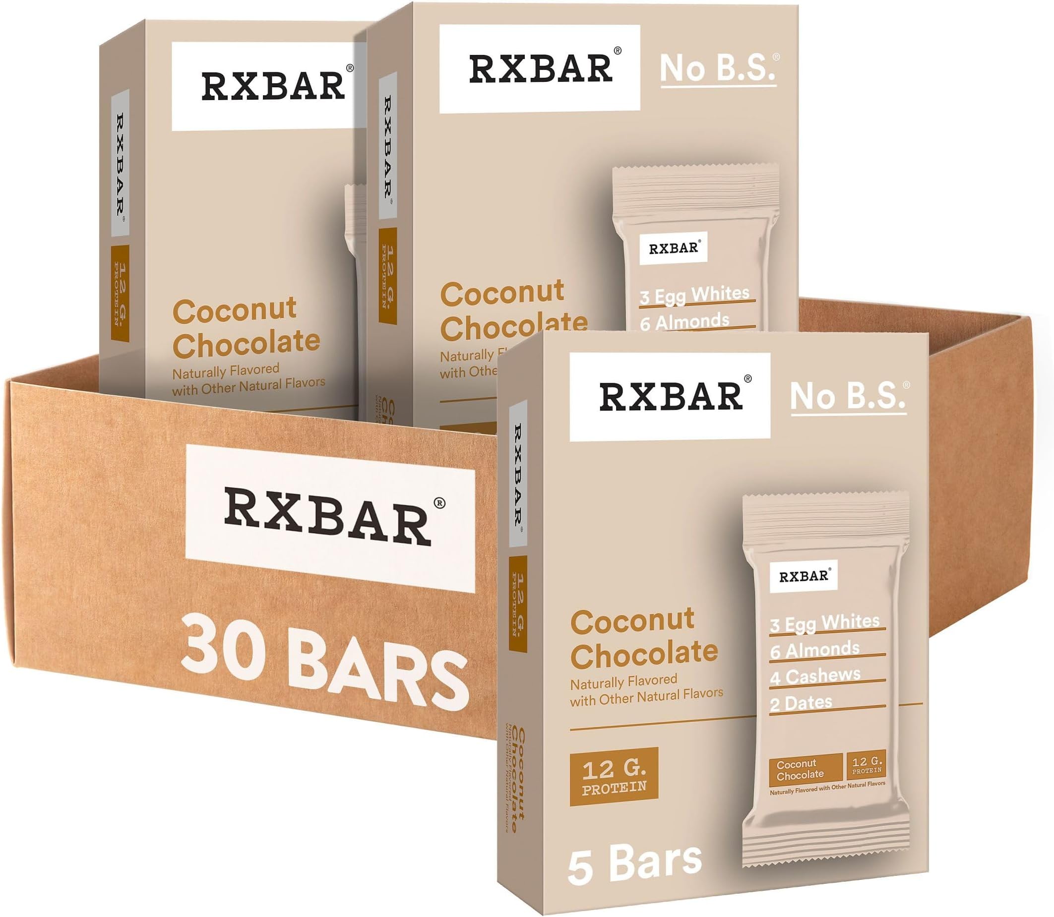 RXBAR Protein Bars, 12g Protein, Gluten Free Snacks, Coconut Chocolate (6 Boxes, 30 Bars)