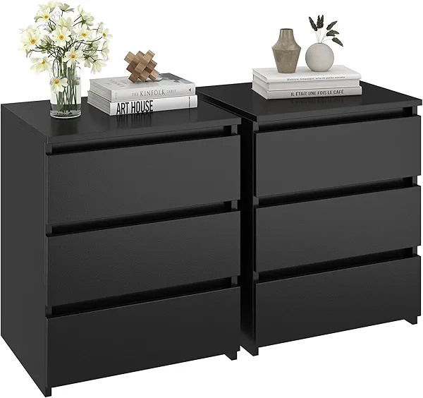 FOTOSOK Nightstand Set of 2 Black Nightstand with 3 Drawers, Black Bedside Table Night Stand for Bedroom with Cut-Out Handle, Sofa Side Table 3 Drawer Nightstand for Bedroom, 17.7W*15D*21.7H