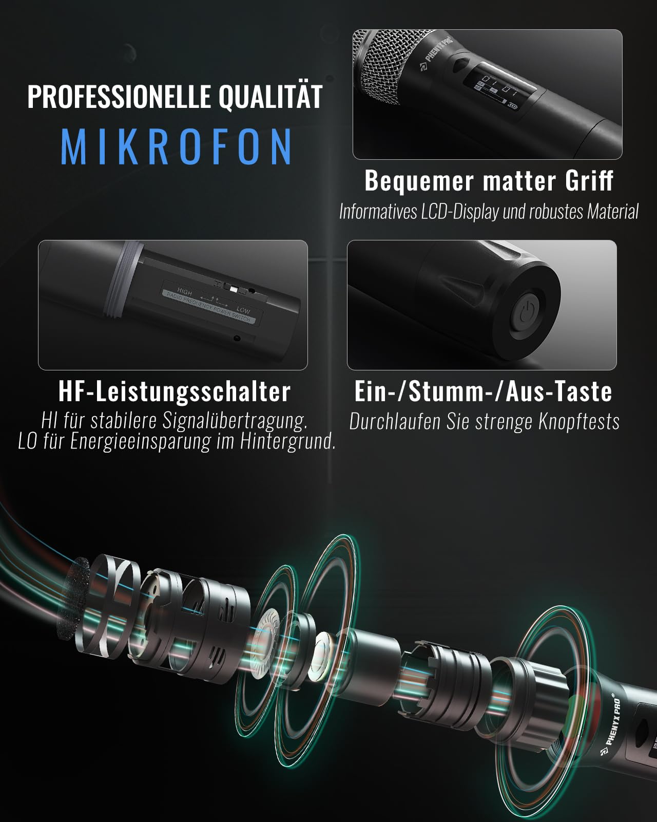 Phenyx Pro UHF True Diversity Funkmikrofon-System PTU-1U-1H | Auto-Scan, 1000 einstellbare Kanäle, 328 ft Reichweite, IR-Sync, Dynamisches Handmikro, Gesang, Bühnengesang, Studioaufnahme