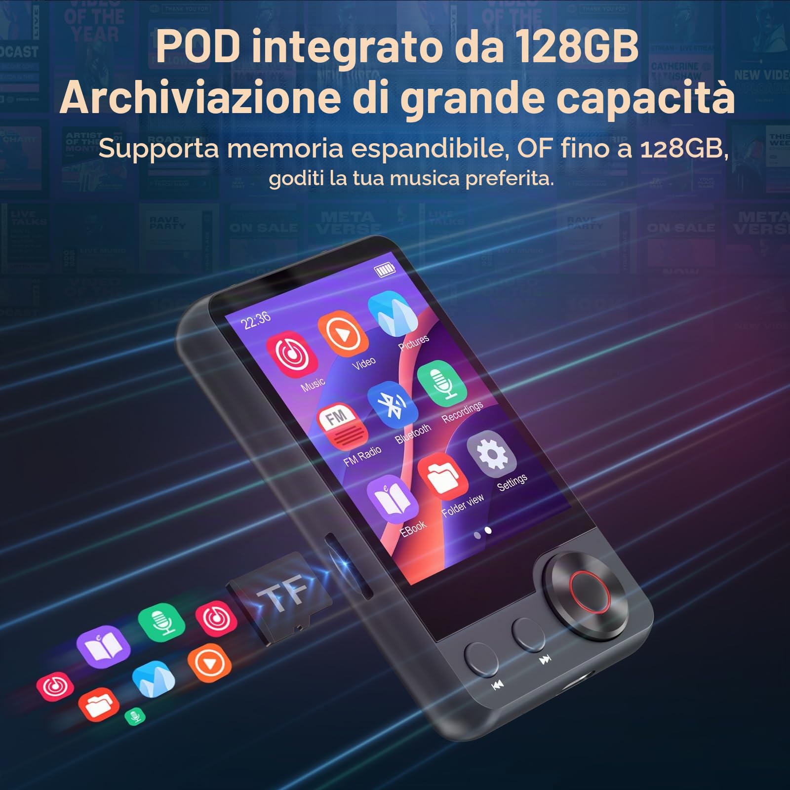 128GB Lettore MP3 con Bluetooth 5.3, Oilsky 2,4 pollici Portatile Touchscreen Lettore MP3 con Altoparlanti, Radio FM, Registrazione Vocale, Cuffie (grigio)