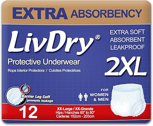 LivDry Ropa interior XXL para incontinencia para adultos, pañales de absorción extra para adultos, protección contra fugas, talla XXL, paquete de 12