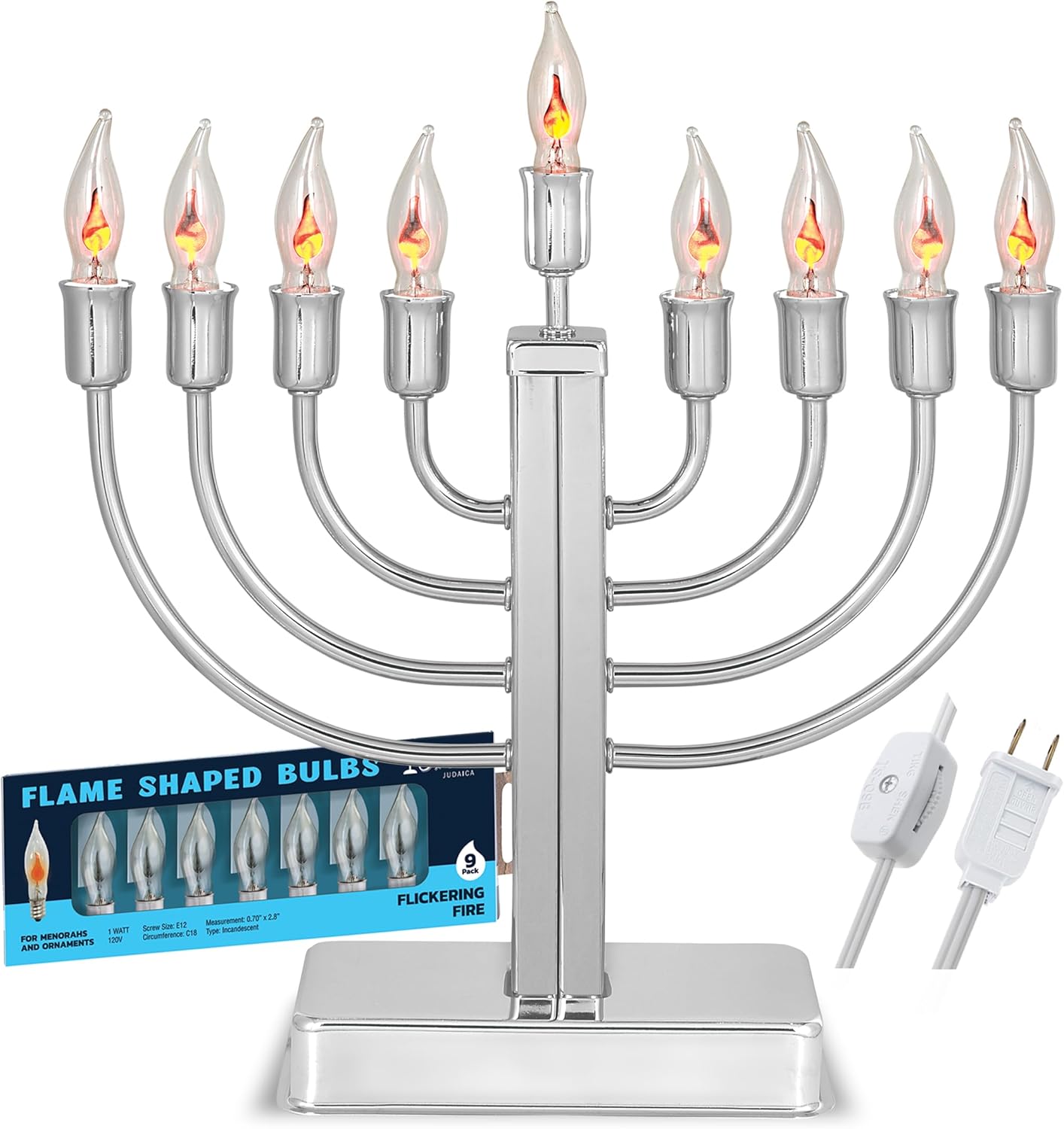 Aviv Judacia Electric Hanukkah Menorah Chrome Plated Metal Chanukiah Candelabra with Flickering Bulbs Flamless Chanukah Menorah