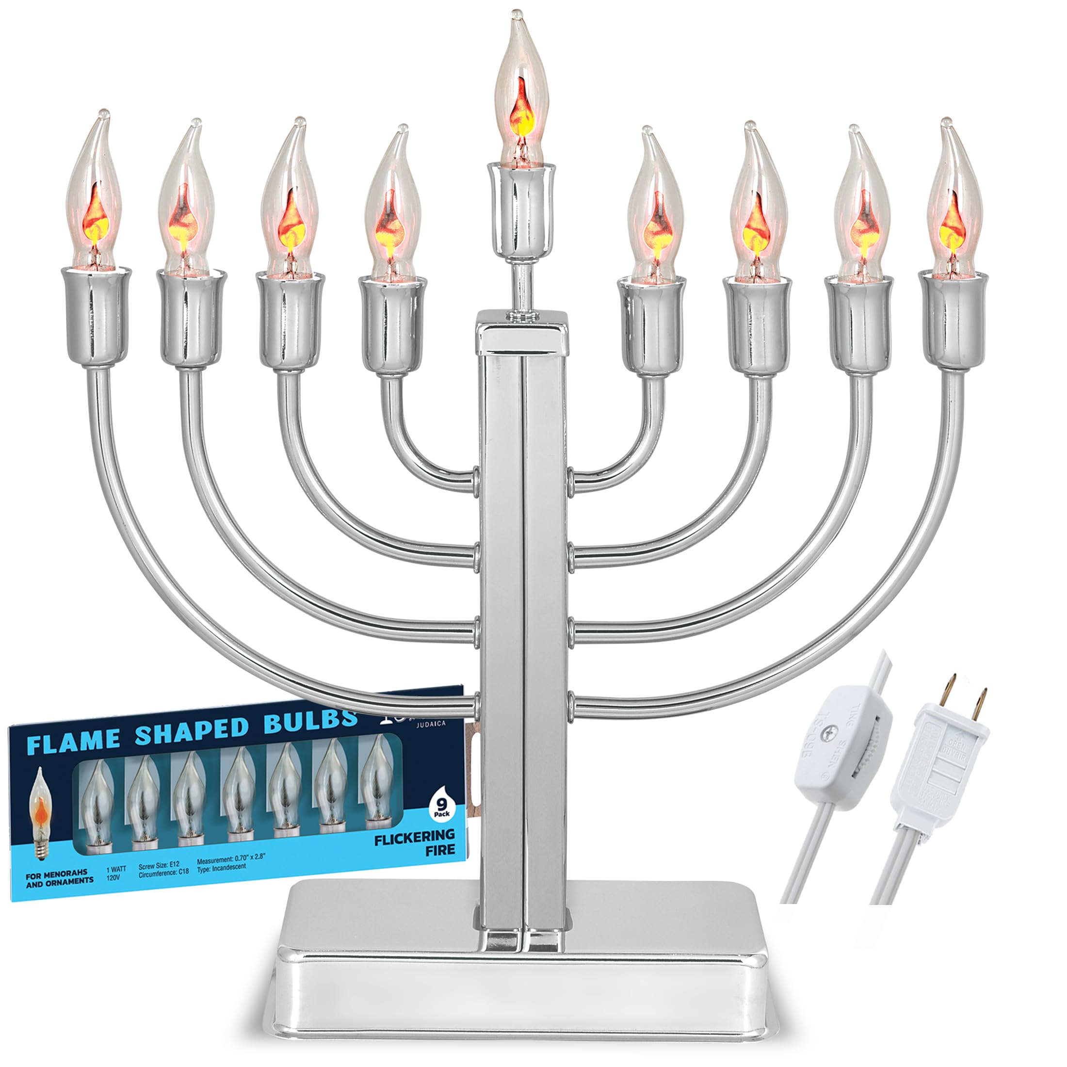 Aviv Judacia Electric Hanukkah Menorah Chrome Plated Metal Chanukiah Candelabra with Flickering Bulbs Flamless Chanukah Menorah