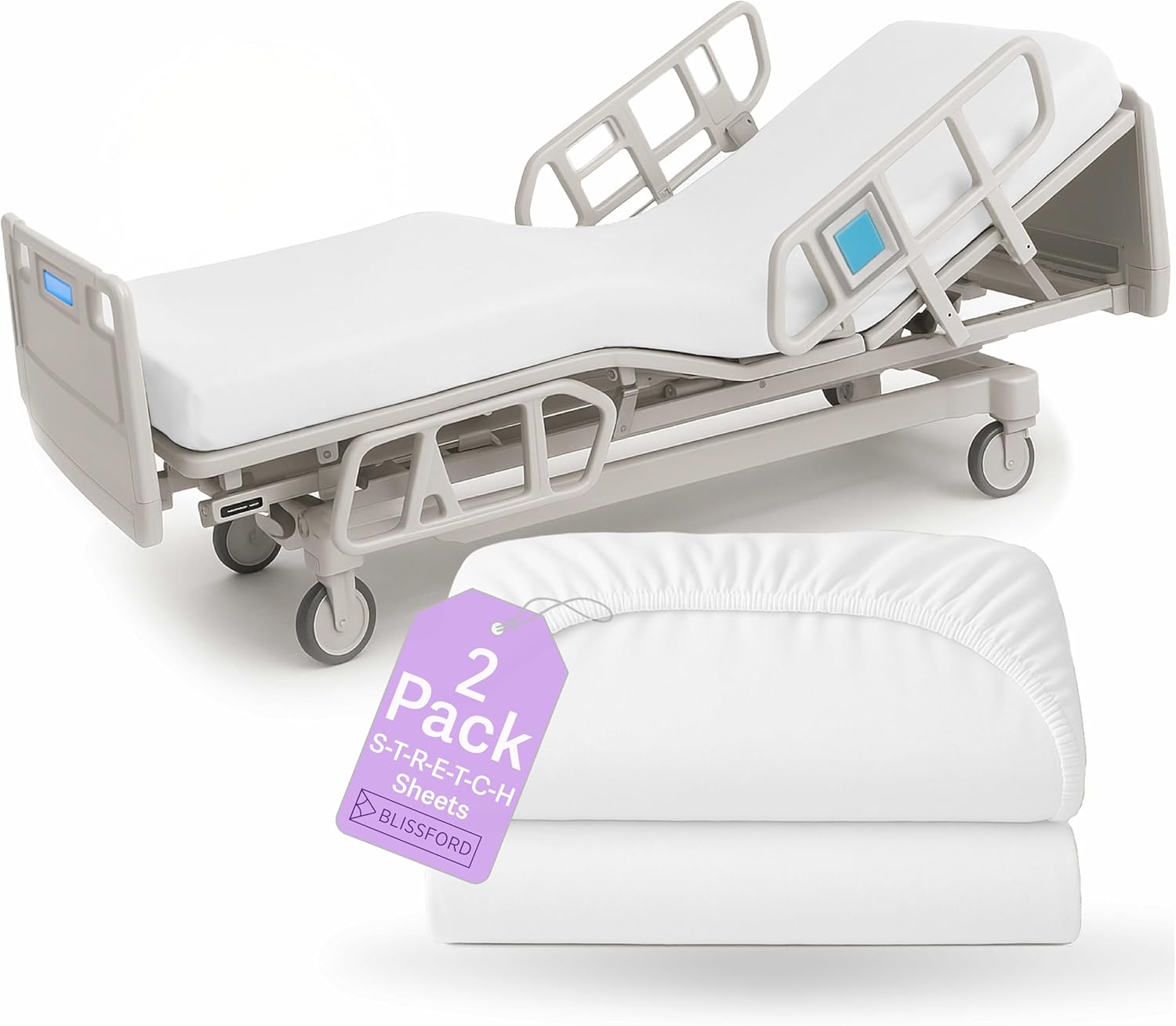 2 Pack Fitted Hospital Bed Sheets with Elastic All Around for a Perfect Fit - Cotton Rich Soft Knitted Jersey Sheet