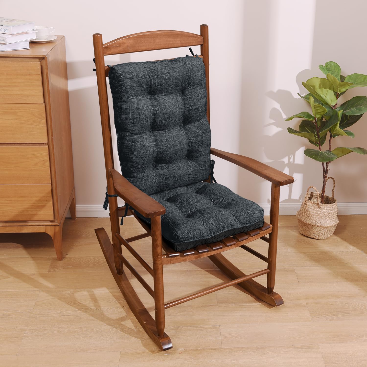 downluxe Indoor/Outdoor Rocking Chair Cushion Set, Tufted Comfortable Cushions for Rocking Chairs with Ties and Non-Slip Backing, Seat 17" x 17" x 3"/Back 21" x 17" x 3", Navy, 2 Piece Set