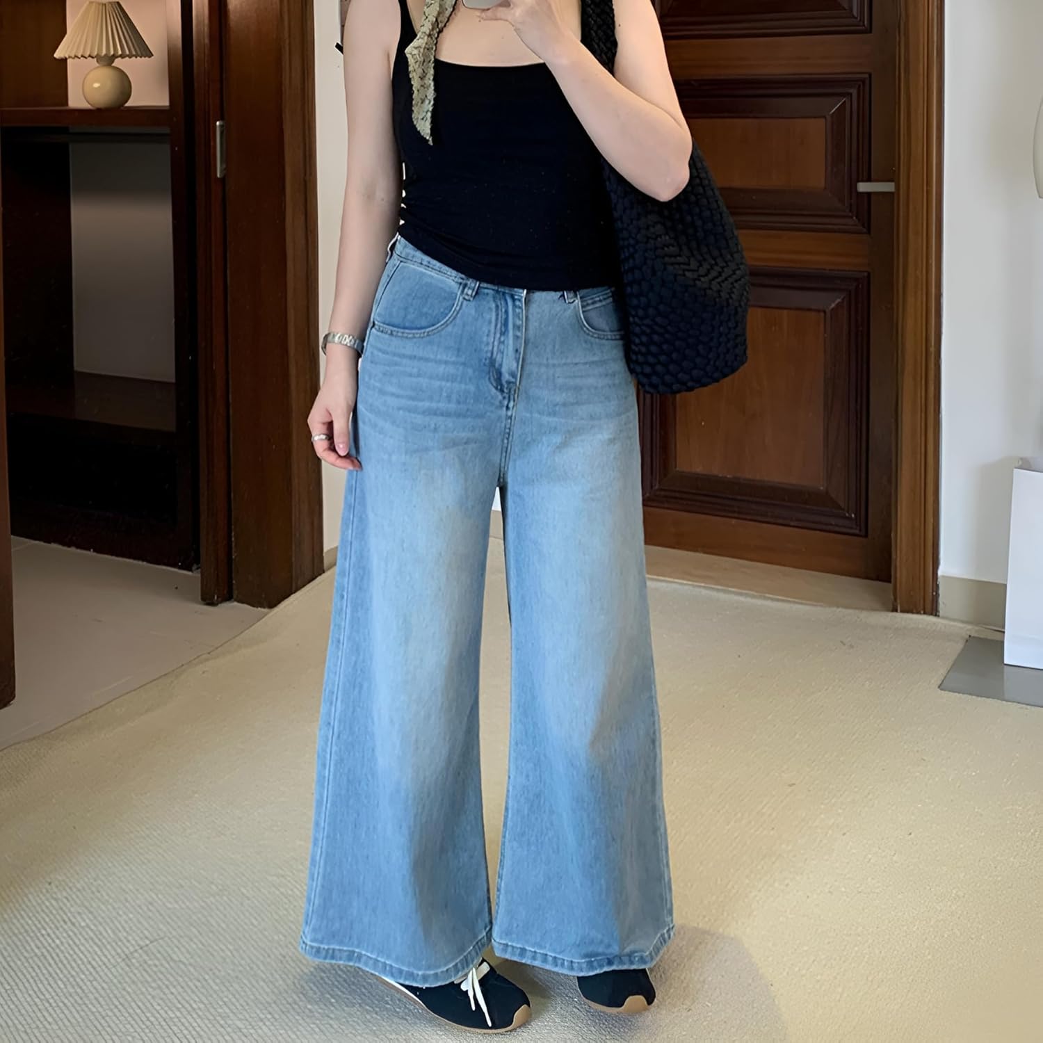 [koulaya] 春夏 ワイドレッグジーンズ【ストレッチ 高腰】 薄手ル 韓国デザイン 体型カバー 小柄向け 軽量パンツ カフェデ