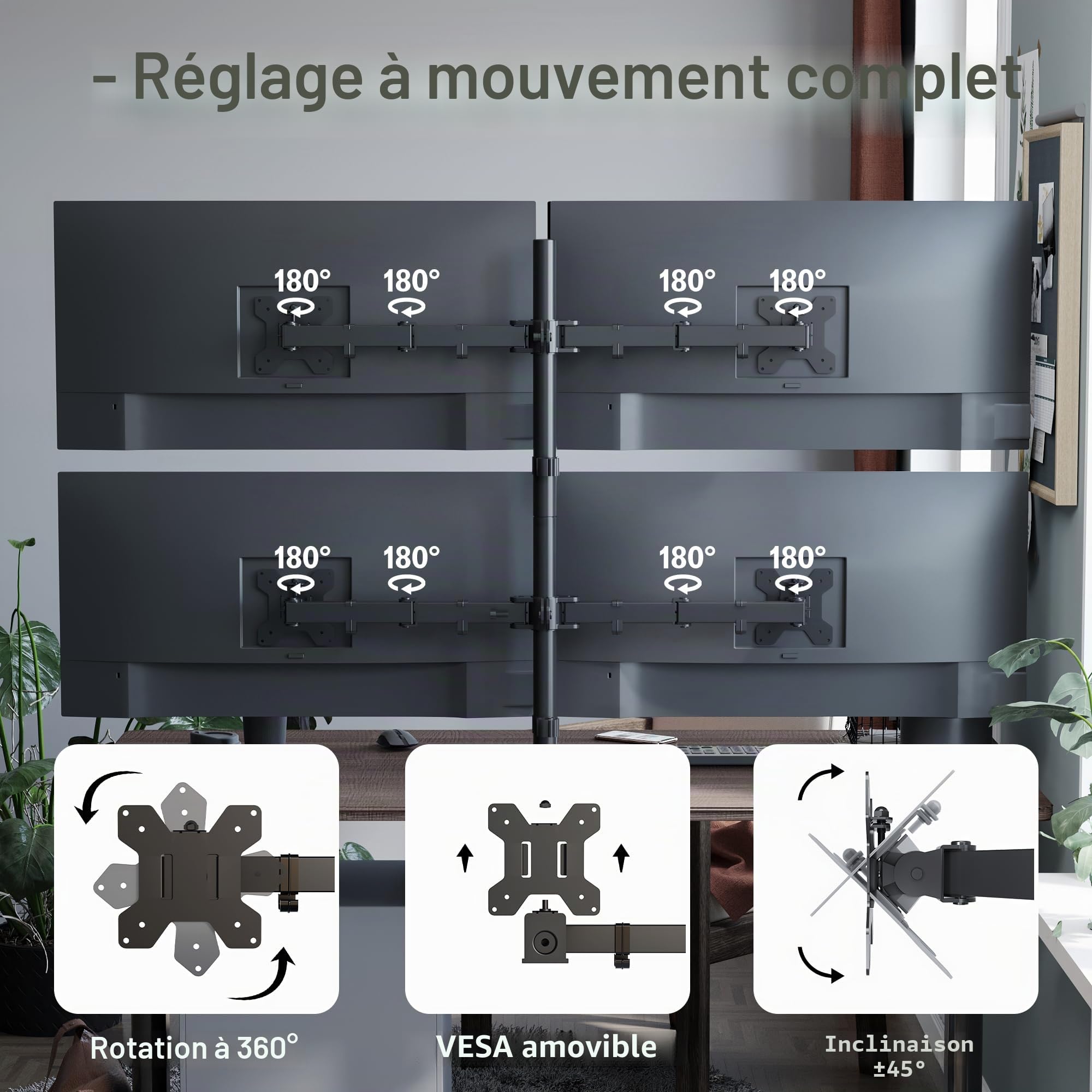 BONTEC Support Ecran PC Support de Bureau à Quatre Bras pour LCD LED Ecran de 13-27 Pouces, Bras Ecran PC Réglable en Hauteur, Inclinable et Pivotant, Charge Maximale de 10kg par, VESA 75/100 mm