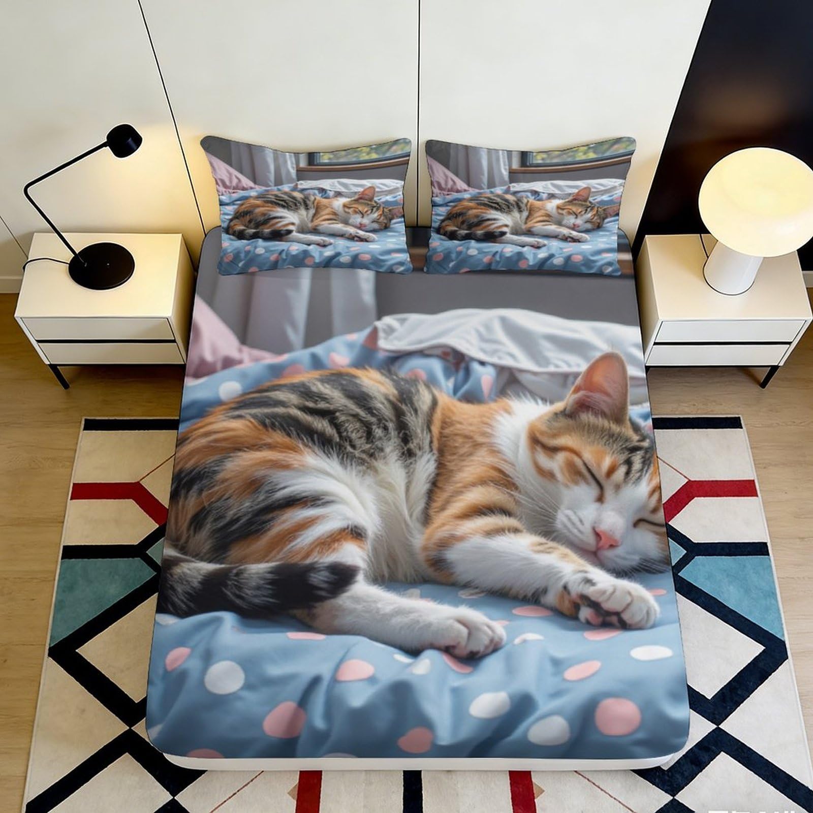 3D Printed Sleeping Cat Fitted Sheet Microfiber Soft Anti-Slip Mattress Cover Decor for Bedroom Guest Room Dorm 90x200x25cm