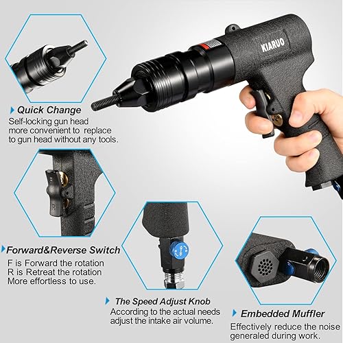 Miniatura 4 de KIARUO Pistola neumática de tuerca remachadora 38-16, 12-13 pistola de cabeza autobloqueante con mandriles de repuesto, kit de herramientas de