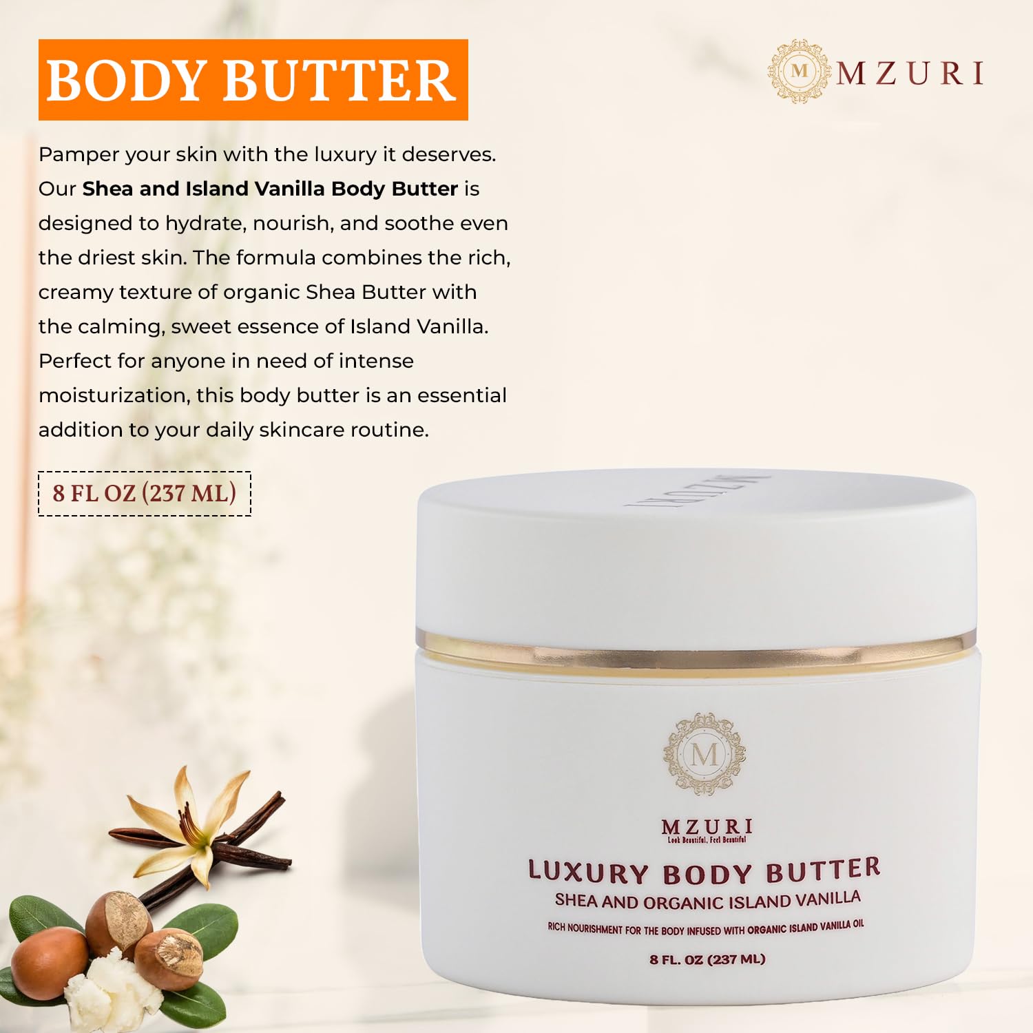 MZURI Body Butter, Whipped Shea and Island Vanilla Blend, Fast-Absorbing, Deep Moisturizing Cream with Essential Oils, Non-Greasy, Natural Skincare for Dry, Glowing Skin, Organic Butter - 8 Fl. Oz - Image 3