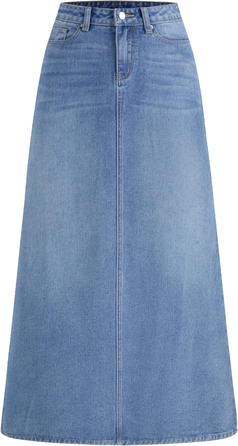 CIDER Denim Skirt Jean Skirt Maxi Skirt A Line Long Skirt High Waist Frayed Hem Denim The Maxi with Pocket