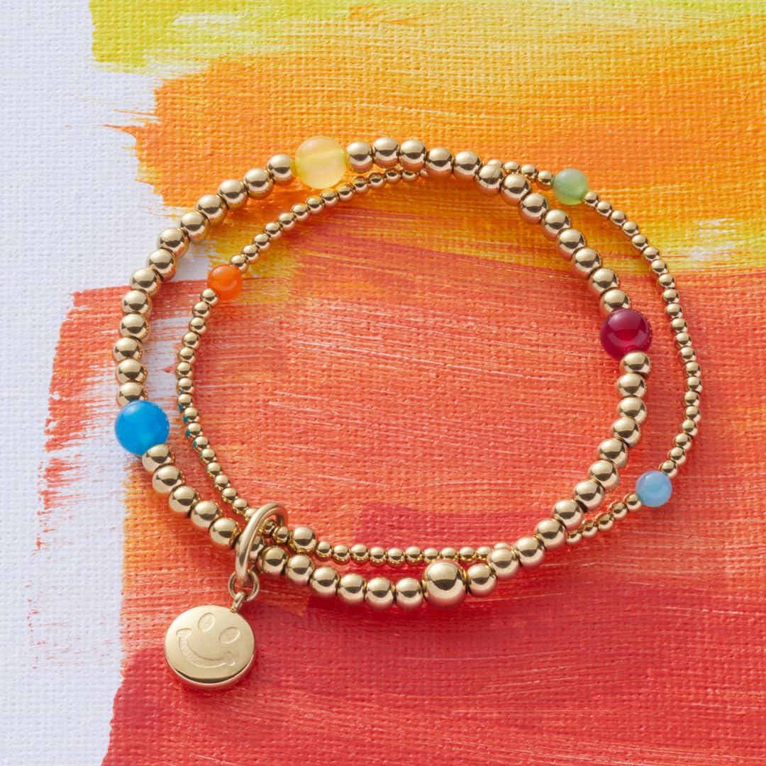JEWELS BY LEONARDO Armband Clip & Mix Smile • elastische Arm-Kette ausgoldfarbenem Edelstahl • doppelreihig aufgefädelte Perlen durchbrochen von bunten Achat-Perlen • 19,5 cm Länge • Damen • 023750