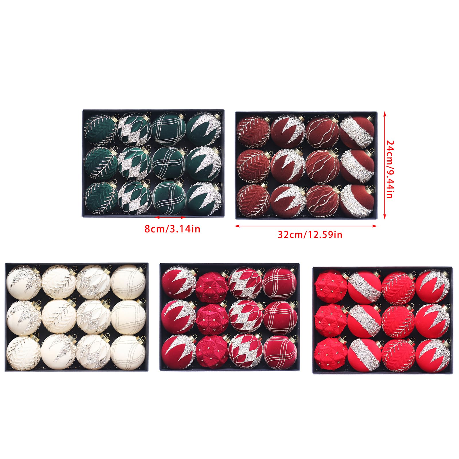 Set di 12 sfere di Natale floccate ornamentali morbide sfere natalizie da 8 cm per vacanze eleganti