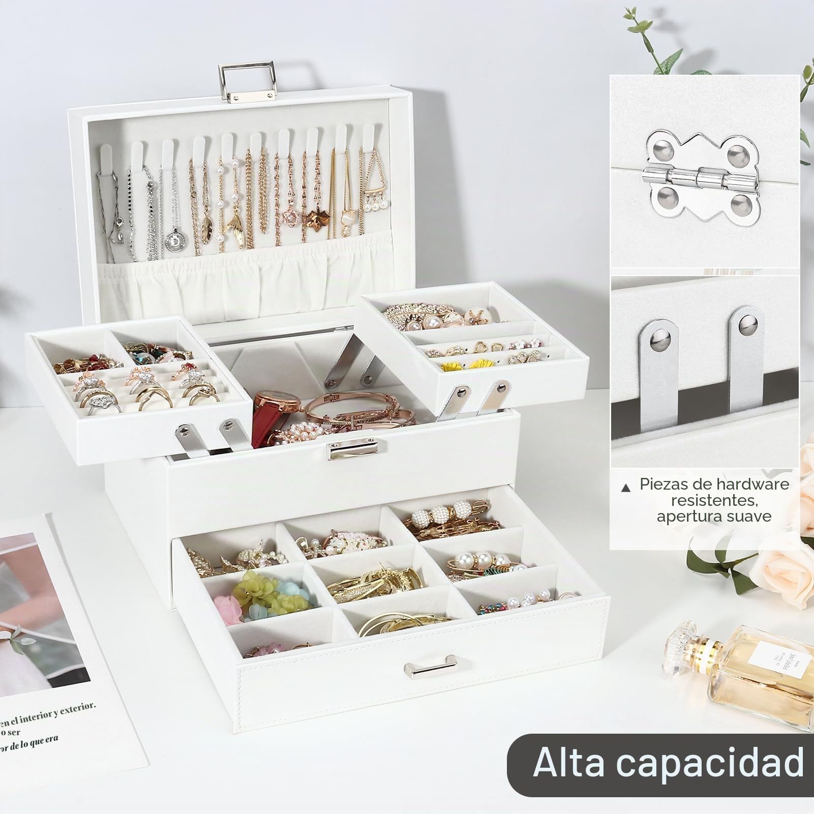 Caja joyero de 3 Niveles con Cajones y Cerradura, Caja para Joyas, Caja organizadora con bandejas, Organizador de Joyas para Pulseras, Pendientes, Anillos, Collares, Dia de la Madre, Blanco