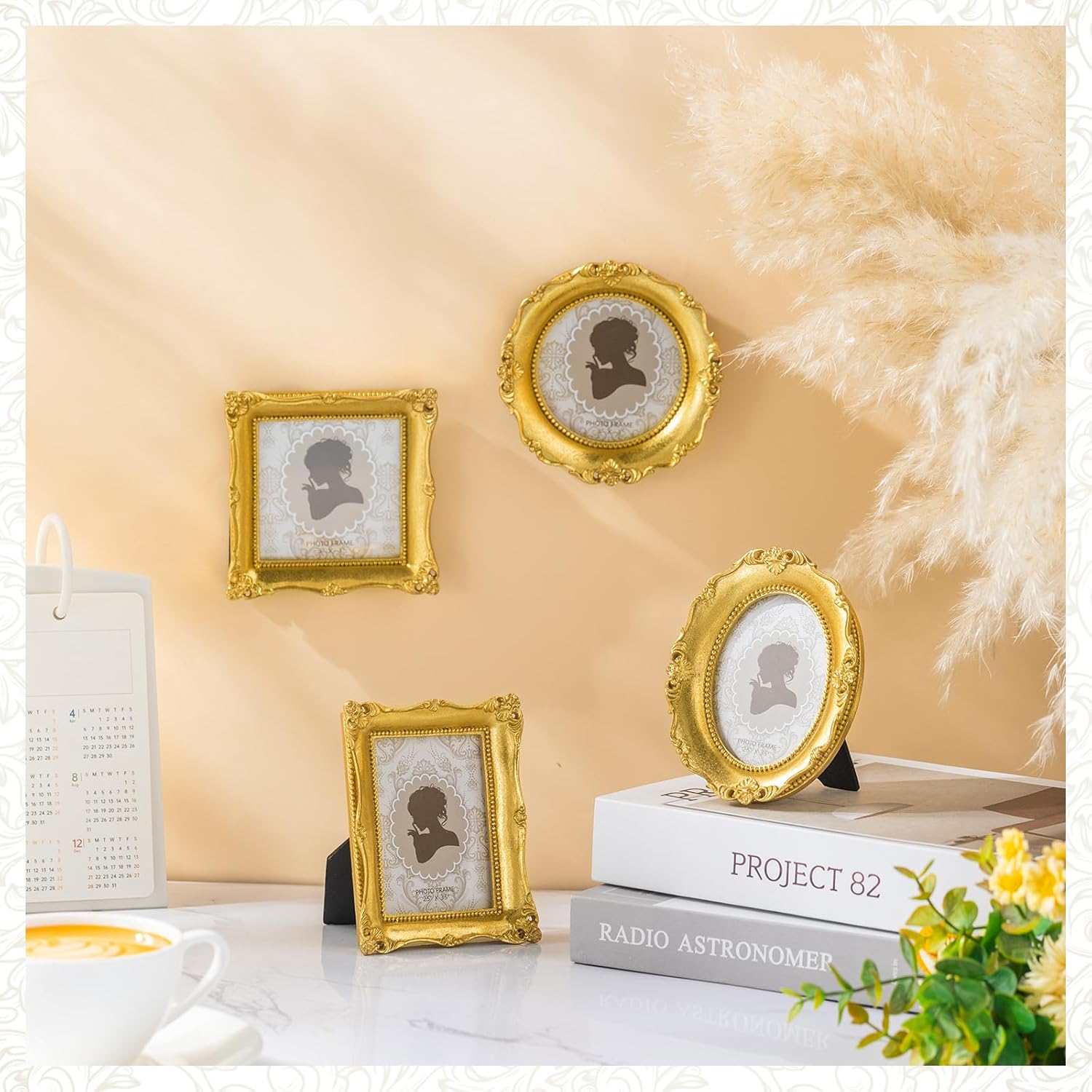 Vicenpal 4 Pcs Small Gold Picture Frames Vintage Mini Photo Frames Oval Baroque Antique Ornate Decor Rectangle for Gallery Hotel Wall Jewelry Photo Tabletop Display, 2.5x3.5 Inch, 3x3 Inch(Classic)