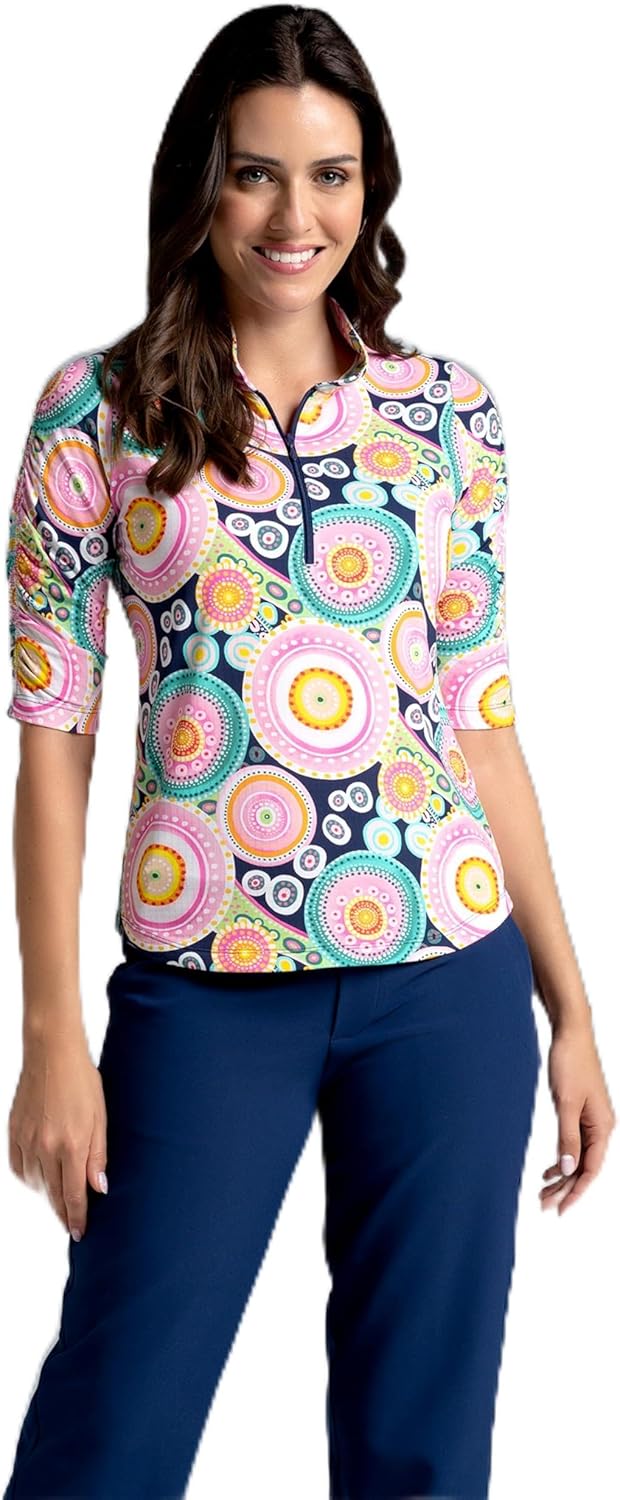 IBKUL Athleisure Wear Sun Protective UPF 50+ Icefil Cooling Leona Print Ruched Elbow Sleeve Top - 41933