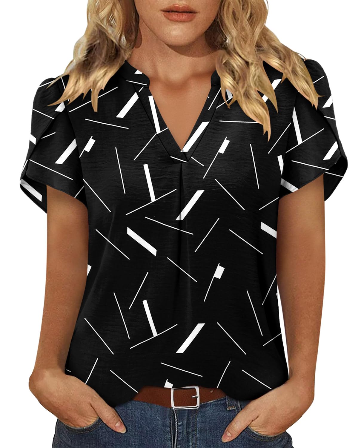 Photo 1 of ***STOCK IMAGE FOR REFERENCE***
**floral**
KISSMODA Oversized Tops for Women Trendy Short Sleeve Shirts Comfy Lightweight Summer Outfits Teacher Dressy Basic Tunic Blackgeometry XXL