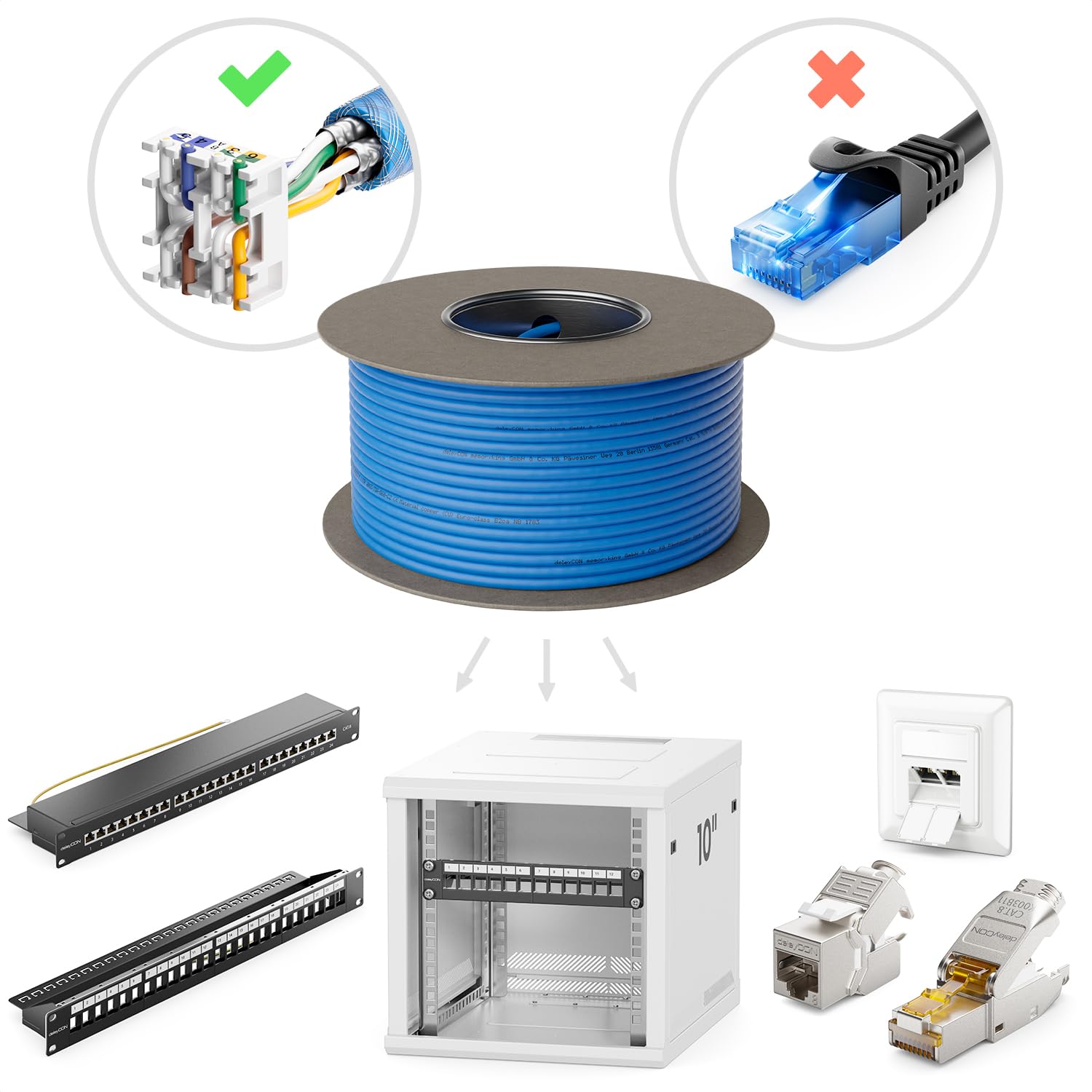 deleyCON 100m Cavo Installazione CAT 8 Rame (CU) Rigido S/FTP PiMF Schermatura 40Gbps 2000MHz AWG22 Rete LAN Ethernet Dati LSZH Senza Alogeni BauPVO B2ca - Blu