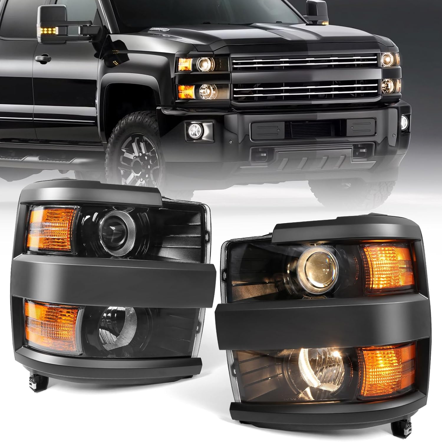 FIONE Halogen Headlights Assembly Compatible with Chevy Silverado 2500 3500 HD 2015-2019 Black Housing A Pair Headlamp LH Left Driver & Right Passenger Side