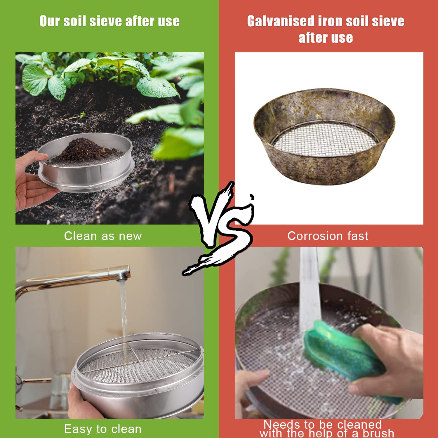 SAVITA Tamiz de Tierra para Jardín, Marco de Acero Inoxidable Tamiz de Jardín de 20cm 6 Piezas de Filtros de Malla Intercambiables Juego de Tamiz de Suelo con Pantallas de Marco Espátula y Guantes