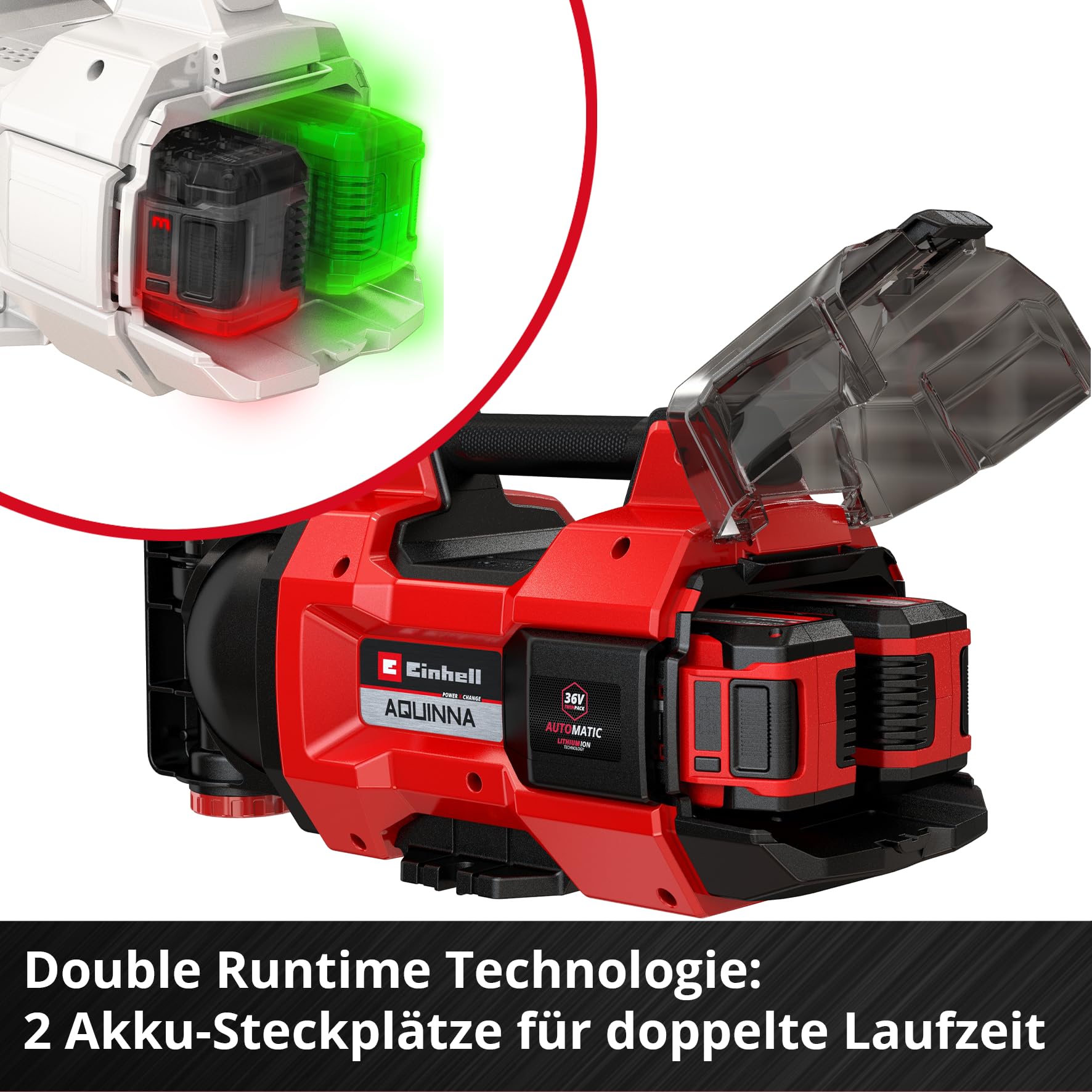 Einhell Bomba de jardín con batería AQUINNA 18/30 F LED Power X-Change (18 V, caudal máx. 3000 l/h, 2 ranuras de batería, duración doble, modo ECO/BOOST, prefiltro, sin batería)