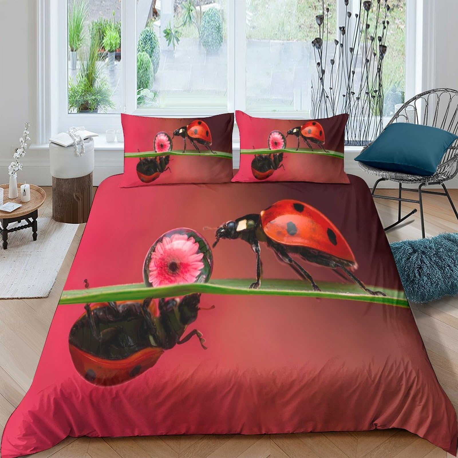 GPLZQXKJNH 3D Printed Ladybug Flower Duvet Cover Microfiber Soft Red Bedding Set with 2 Pillowcases for Bedroom Home Decor Single（135x200cm）