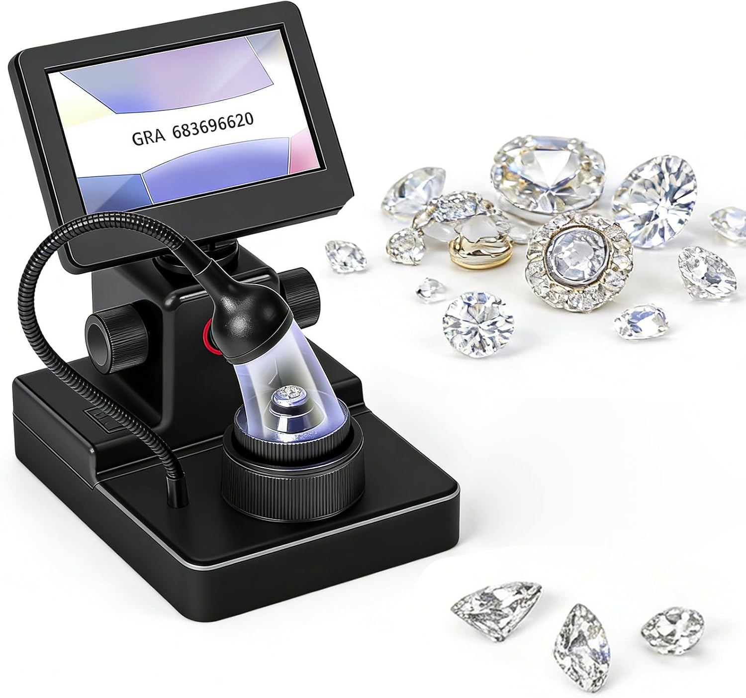 Diamond Girdle Inspection Scope, Portable Diamond Girdle Magnifier with LCD Screen, Professional Jewelry Tester, Adjustable Focus & Flexible LED Lamp