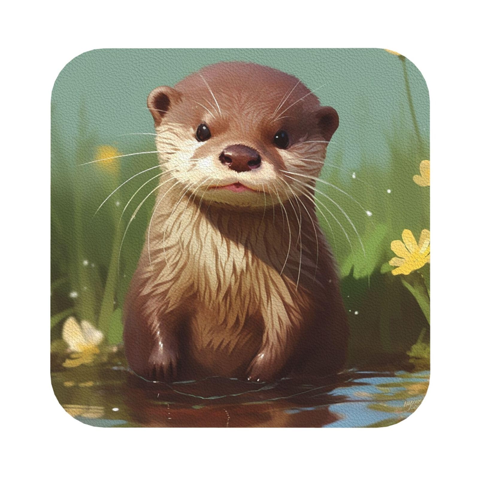 Fodpand Square Cute Otter Drink Coasters Set Of 4, Heat Resistant Leather Coasters Fuuny Bar Beer Beverage Coaster For Drinks, Absorbent Cup Mat For Tabletop Protection, Housewarming Gift