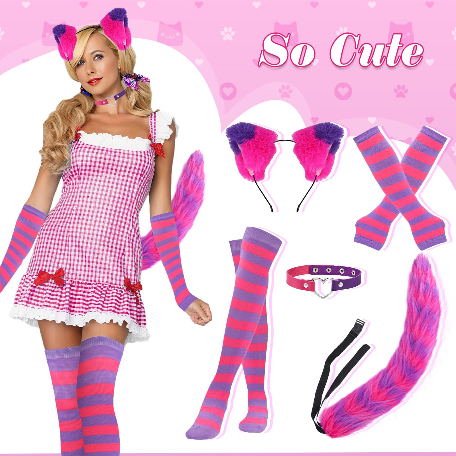 KMLGY 7 PCS Pink and Purple Striped Cat Costume for Girls Women Halloween Cosplay Accessories, Cat Ears Headbands, Furry Tail - Image 3