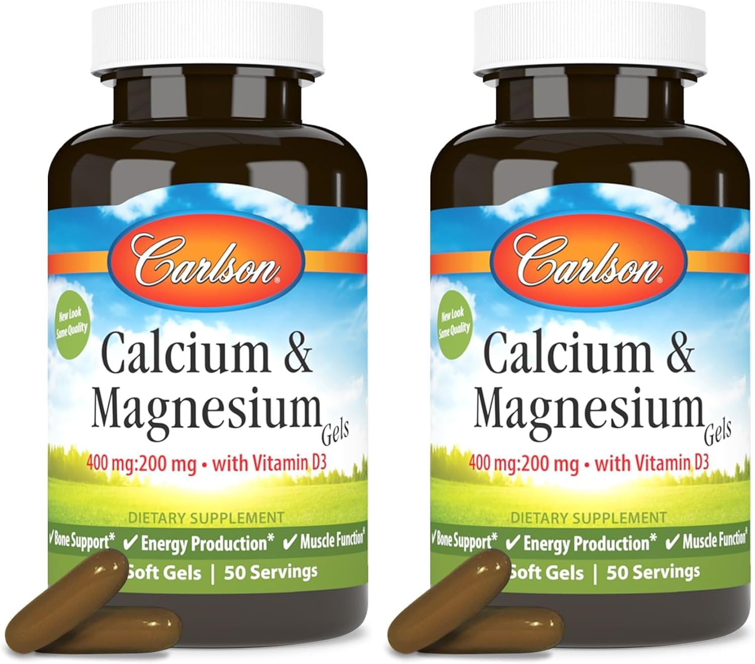 Carlson - Cal-Mag Gels, 2:1 Calcium to Magnesium Ratio, Bone Support, Energy Production, 100 Soft gels (Pack of 2)