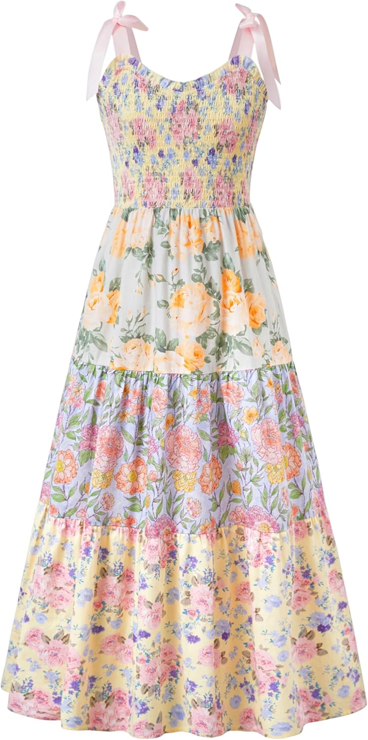 Sunny Spirit Girls Maxi Dress Tween Girl Summer Spring Easter Floral Boho Smocked Patchwork Bowtie Strap Sundress 5-14 Years