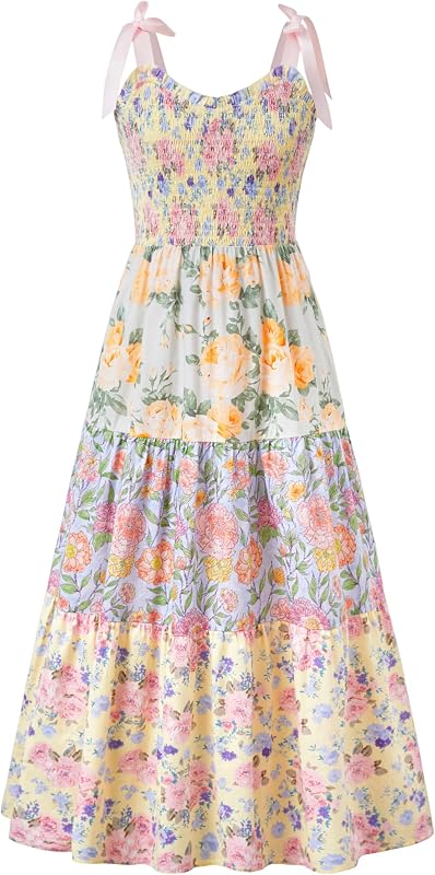 Sunny Spirit Girl Maxi Dress Tween Summer Floral Cotton Sundress 5-14 Years | Boho Cute Fancy Birthday Party Bow Straps Dresses for Girl