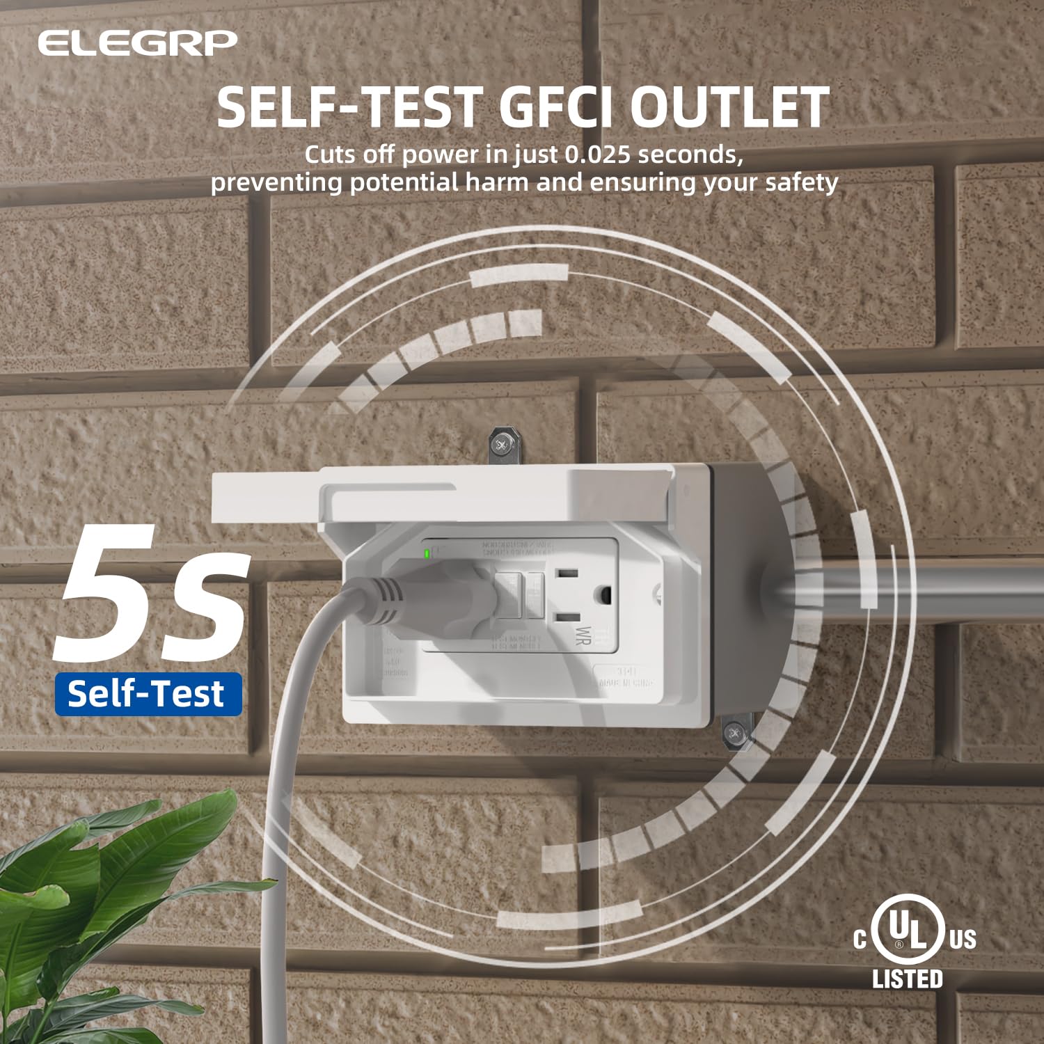 ELEGRP GFCI Kit de prise électrique 15 A, WR, avec plaque murale horizatale résistante aux intempéries, blanc, 1 paquet