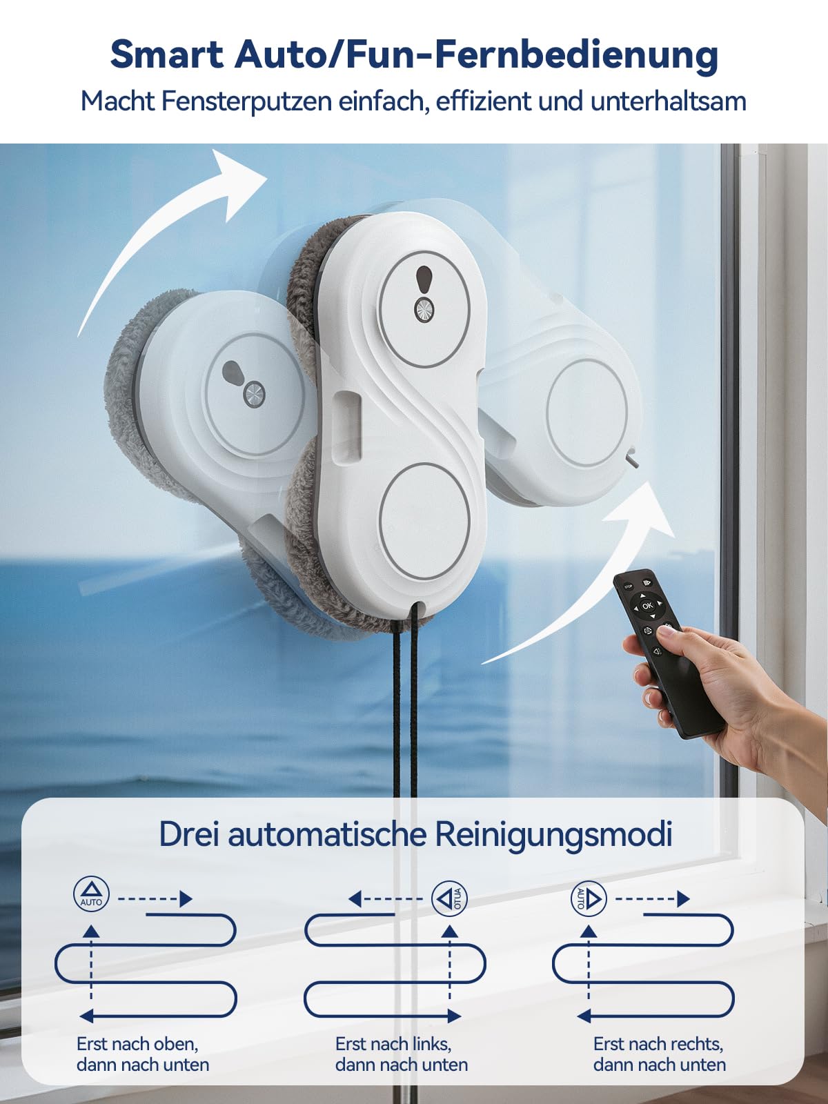 Fensterputzroboter mit Turbinenmotor, 7000 Pa Saugkraft Elektrischer Fensterroboter, ultradünn 63 mm, Doppelhelix-Reinigung, Randenerkennung, 3 Reinigungsmodi, Window Cleaning Robot