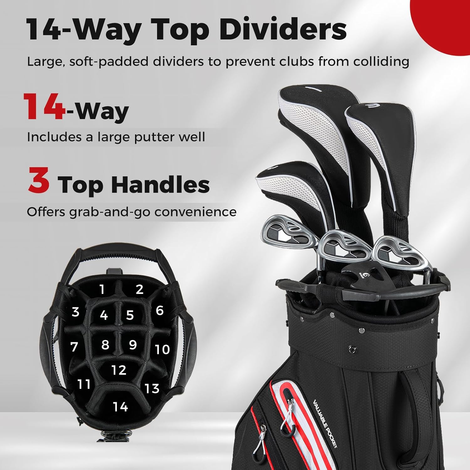 ULTIMATE Golf Cart Bag, Lightweight 14-Way Organizer Divider Top with 6 Pockets, Cooler Pocket, Rain Hood, Adjustable Shoulder Strap and Lift Handles, Portable Golf Club Bag for Men & Women