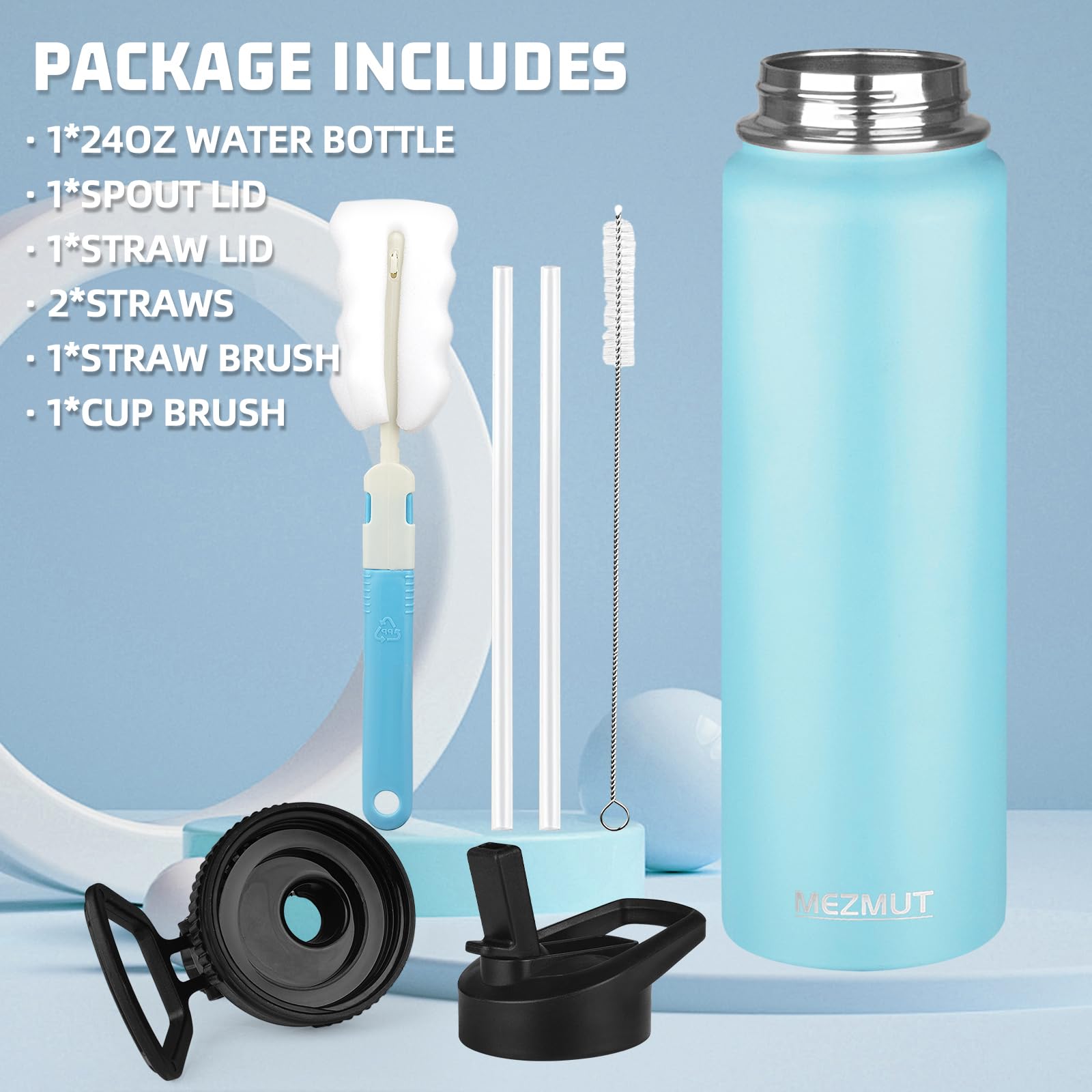 24oz Insulated Water Bottle with Straw&2 Lids, Stainless Steel Water Bottles, Sports Metal Water Bottle Thermos Cup, Double Walled Vacuum Insulated Bottles Leak-Proof Travel, Blue