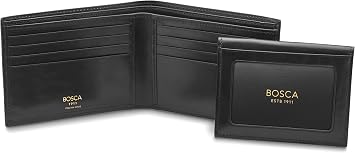 Bosca Mens Italian Leather Bifold Wallet with Removable ID Passcase, RFID Blocking, 8 Card Slots, and Divided Currency Well - Made in Italy, Black