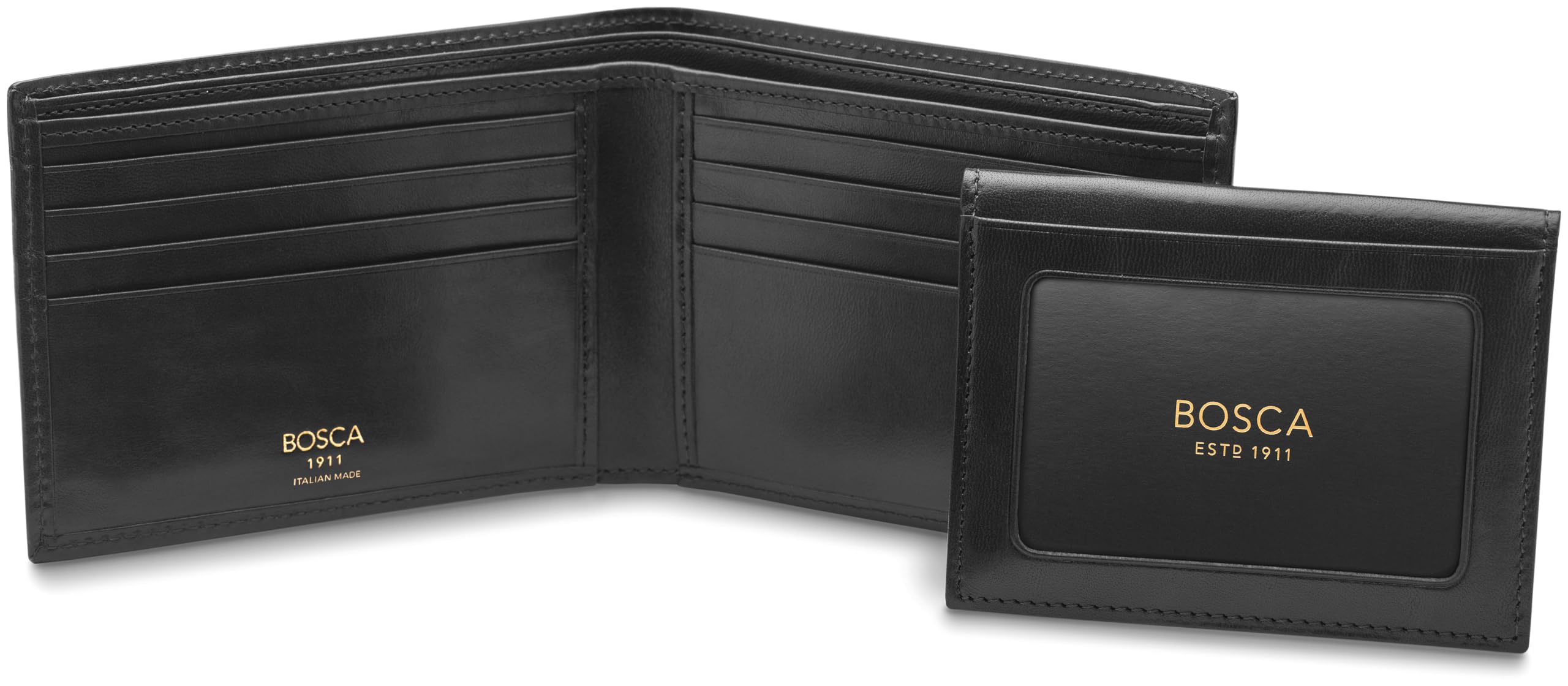 Bosca Men's Italian Leather Bifold Wallet with Removable ID Passcase, RFID Blocking, 8 Card Slots, and Divided Currency Well - Made in Italy, Black