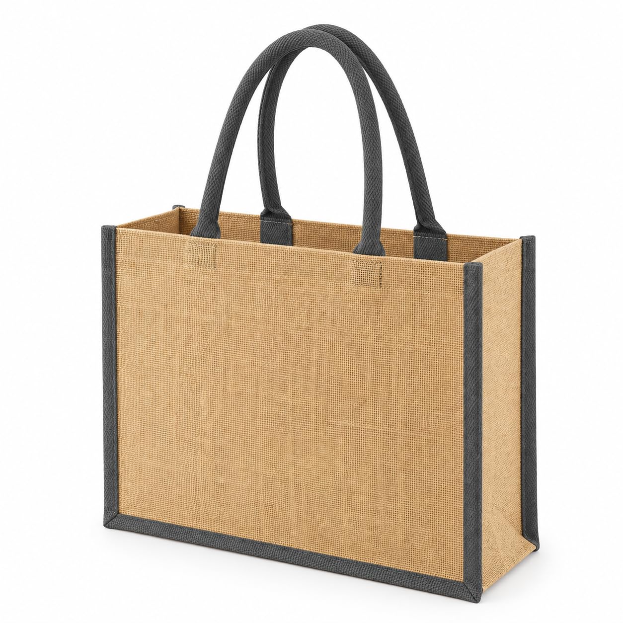 Hyper Mart Natural Large Reusable Hessian Bag with Padded Cotton Handles – Laminated Strong Bag for Shopping, Gifts & Everyday Use (GREY HANDLES AND EDGES)