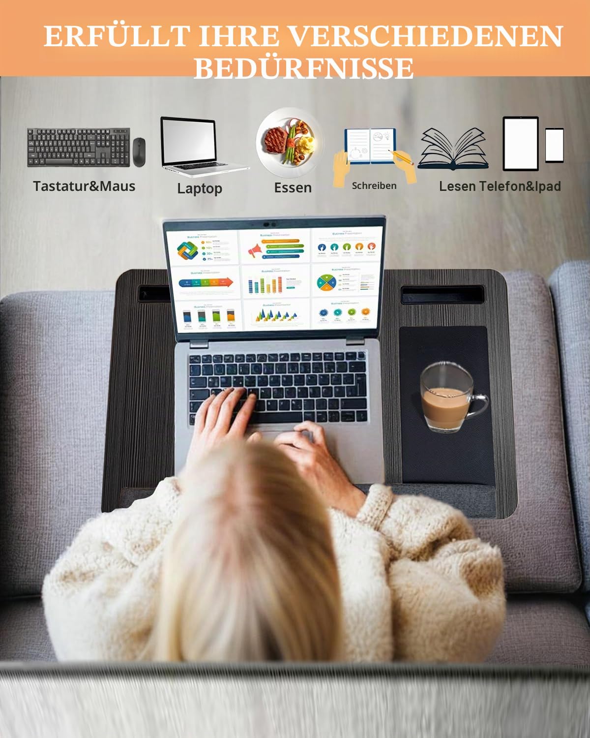 Laptopunterlage 55x34cm für Heim Bett Sofa mit Knietablett mit Kissen,Handgelenkauflage Handyhalter, Laptop Kissen für max 17.3” Notebook, mit mini-klappbarem Gerätehalterr (Schwarz)