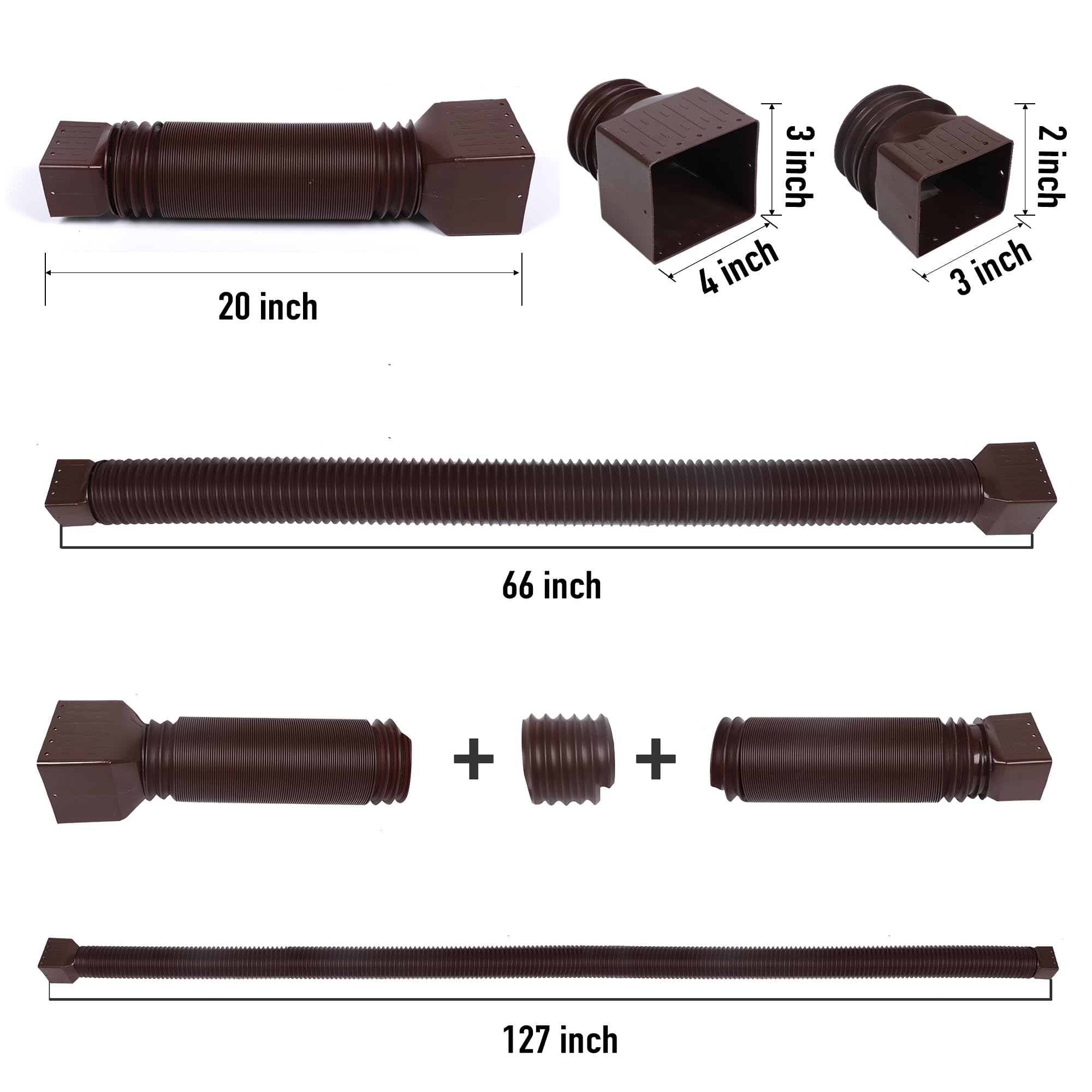 Confezione da 2 estensioni flessibili per grondaia, estensori flessibili per scarico, set di estensioni per scarico dell'acqua piovana, connettore per grondaia, con mini connettore (marrone)