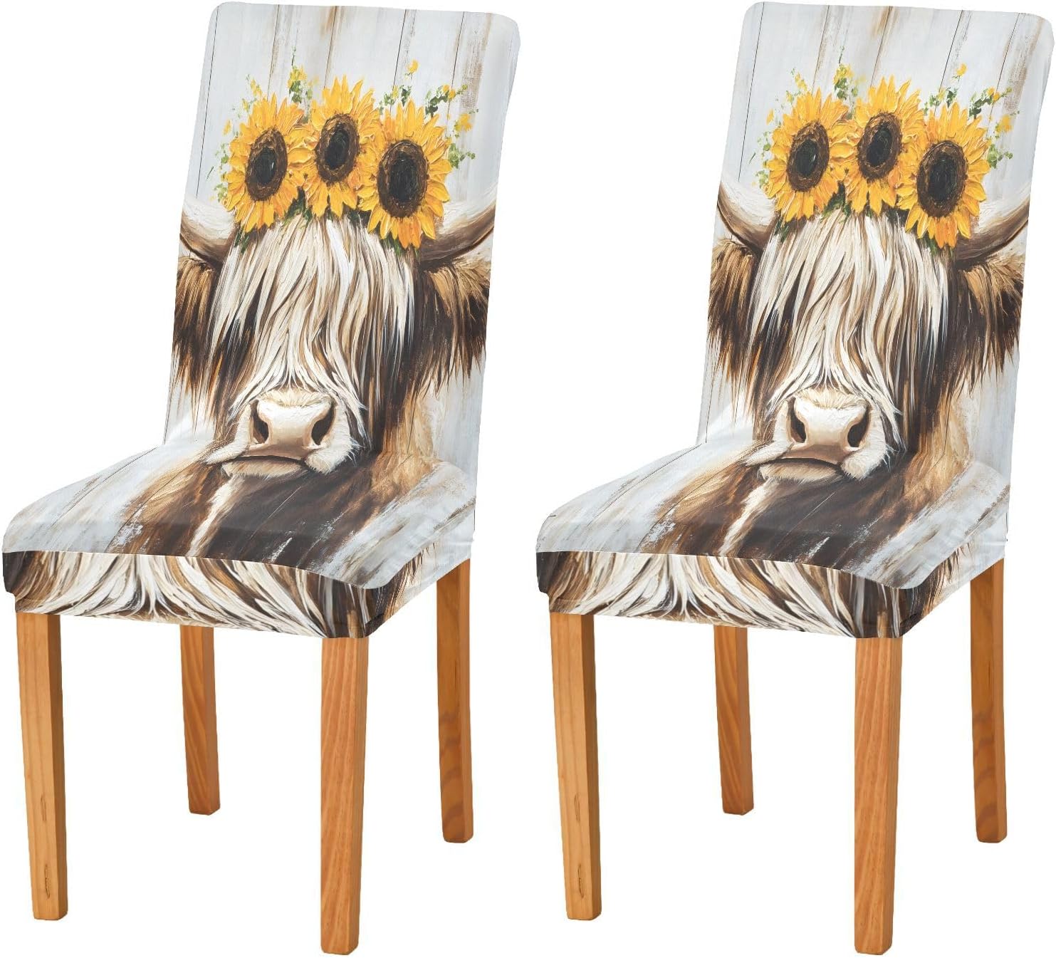 ALAZA Chair Covers for Dining Room, Highland Cow Sunflowers Stretch Chair Cover Sets Chair Protector Removable Washable for Ktichen Restaurant Hotel