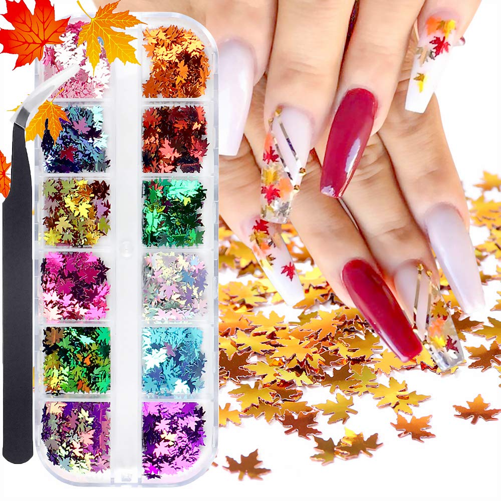 Amazon.com: 12 Colors Fall Leaves Nail Art Glitter Sequins with a Tweezers,  3D Flake Metallic Maple Leaf Shaped Gold Red Yellow Mixed Design Manicure  Nails Supply Glitter Decorations… : Beauty & Personal