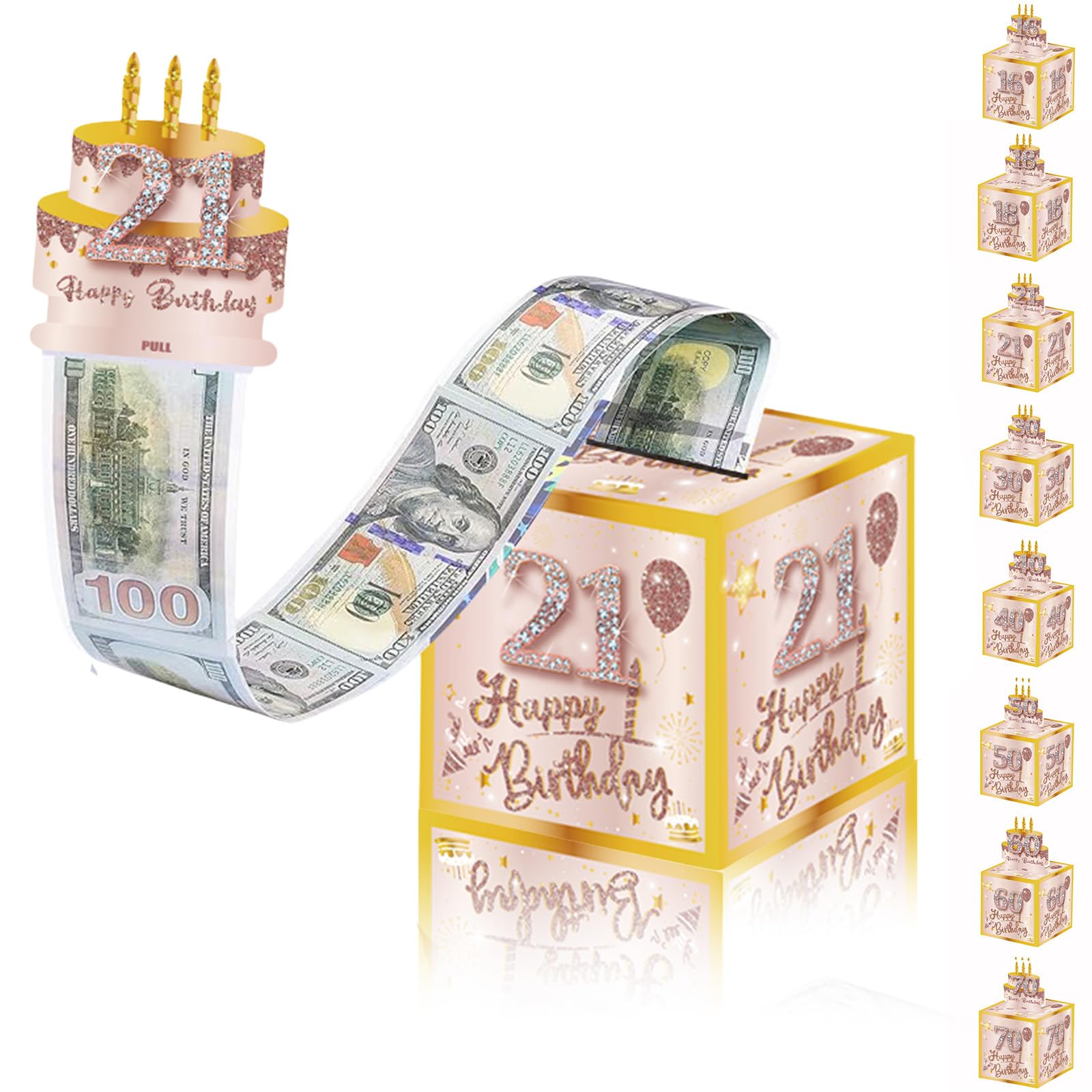 Rose Gold Happy 21th Birthday Money Box for Cash Gift, Pull Surprise Money Gift Box for Lady 21 Years Old Birthday Presents,Birthday Gift Money Box Money Presentation Box for Cash Gifts Birthday-image-6