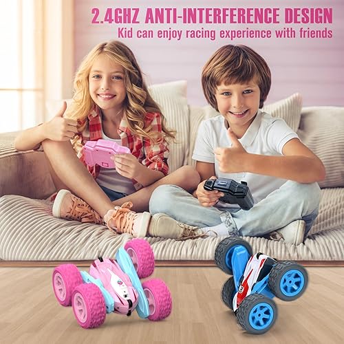 Miniatura 4 de Coche de control remoto rosa y azul, camión RC recargable, 2.4Ghz de doble cara giratoria de 360° con faros, regalo de cumpleaños para niños a
