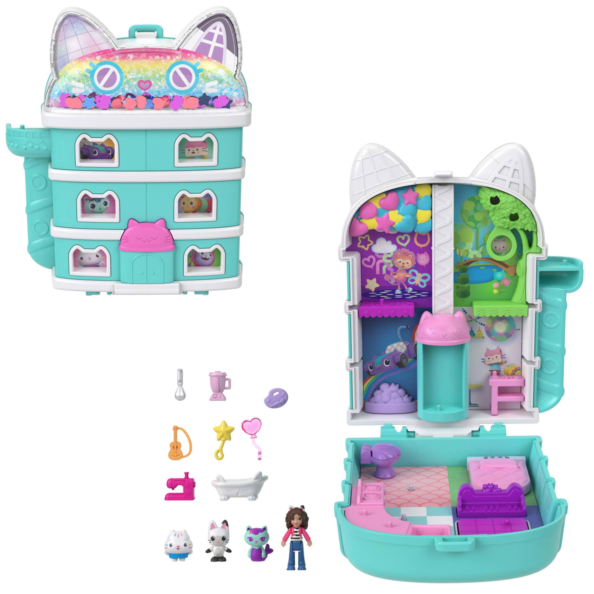 Polly Pocket x “La casa de muñecas de Gabby” Estuche Conjunto de juego y muñequitas, incluye 9 accesorios temáticos y a las mascotas Pandy Patitas, Muffin y Siregata, JFV02
