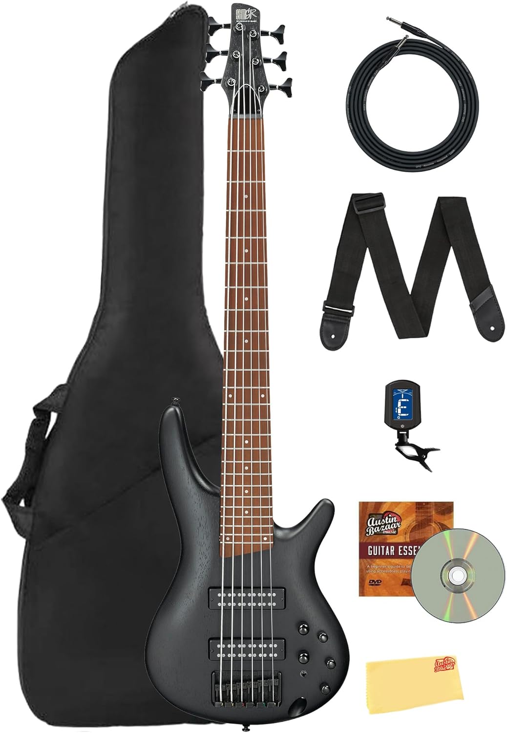 Ibanez SR306EB SR Standard 6-String Bass Guitar - Weathered Black Bundle with Gig Bag, Tuner, Strap, Instrument Cable, Austin Bazaar Instructional DVD, and Polishing Cloth