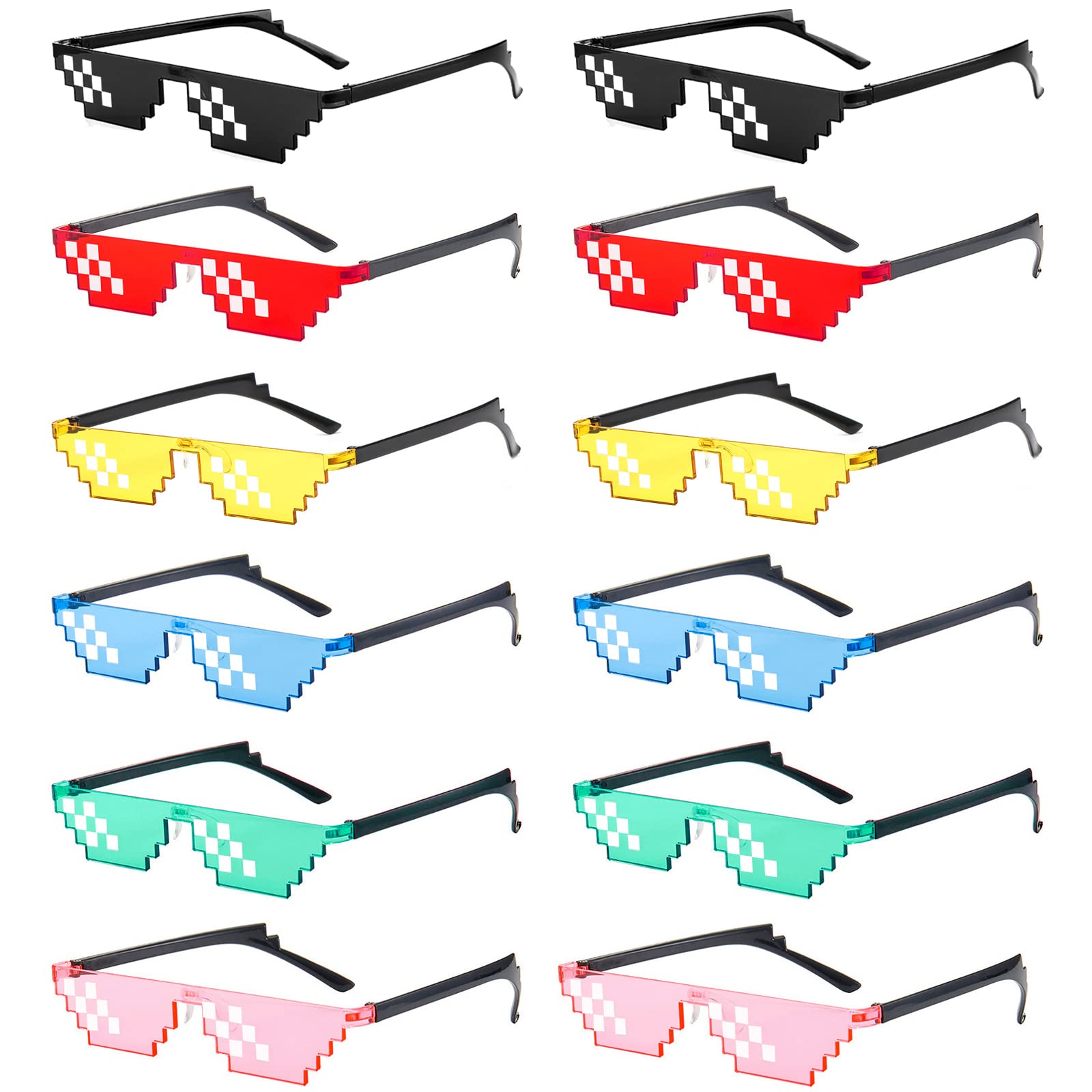 12 Pack Thug Life Party Sunglasses 8 Bit Pixelated Multicolor Mosaic Gamer MLG Photo Props Glasses Adults Teens
